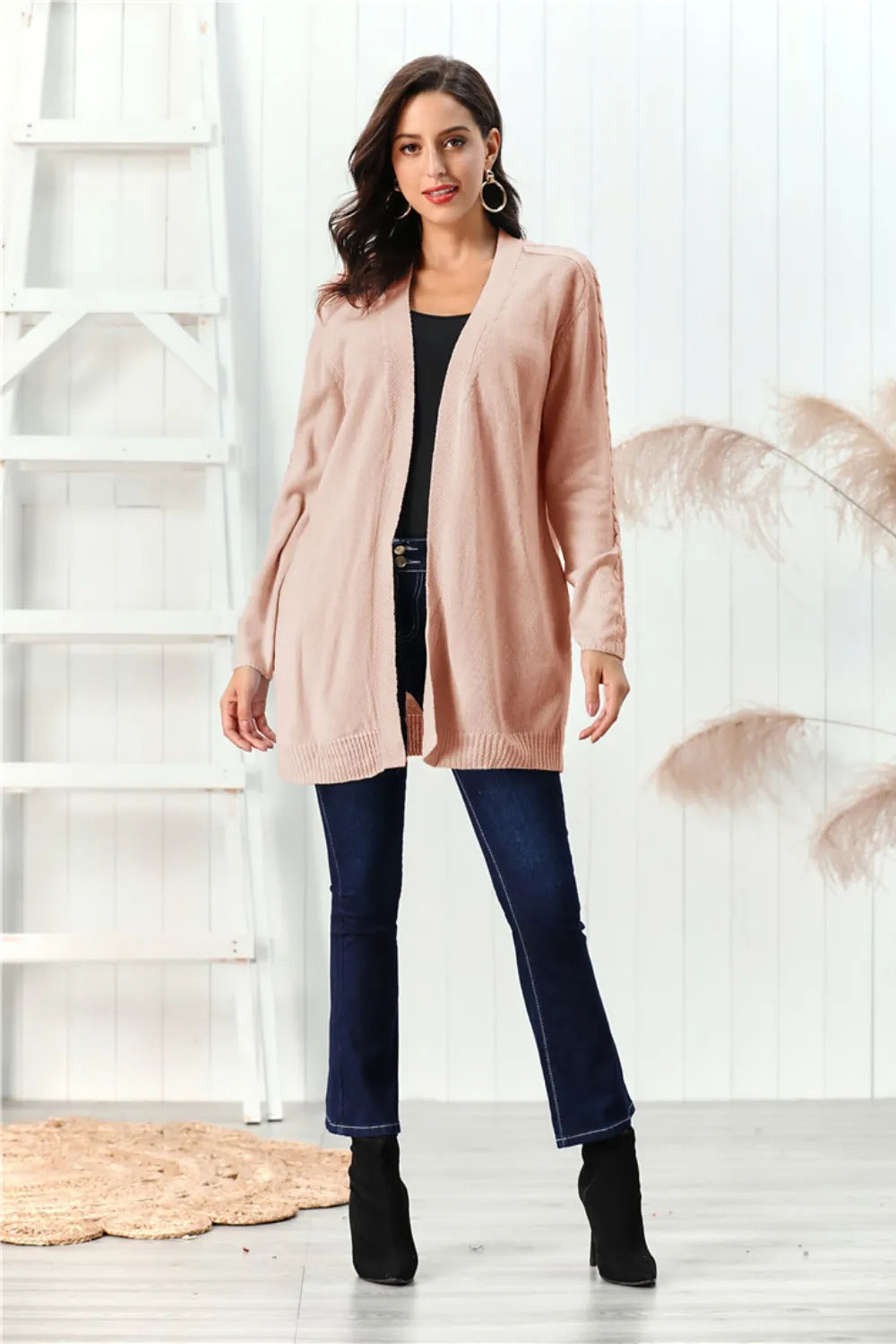 Cable-Knit Open Front Long Sleeve Cardigan Easy Apparels