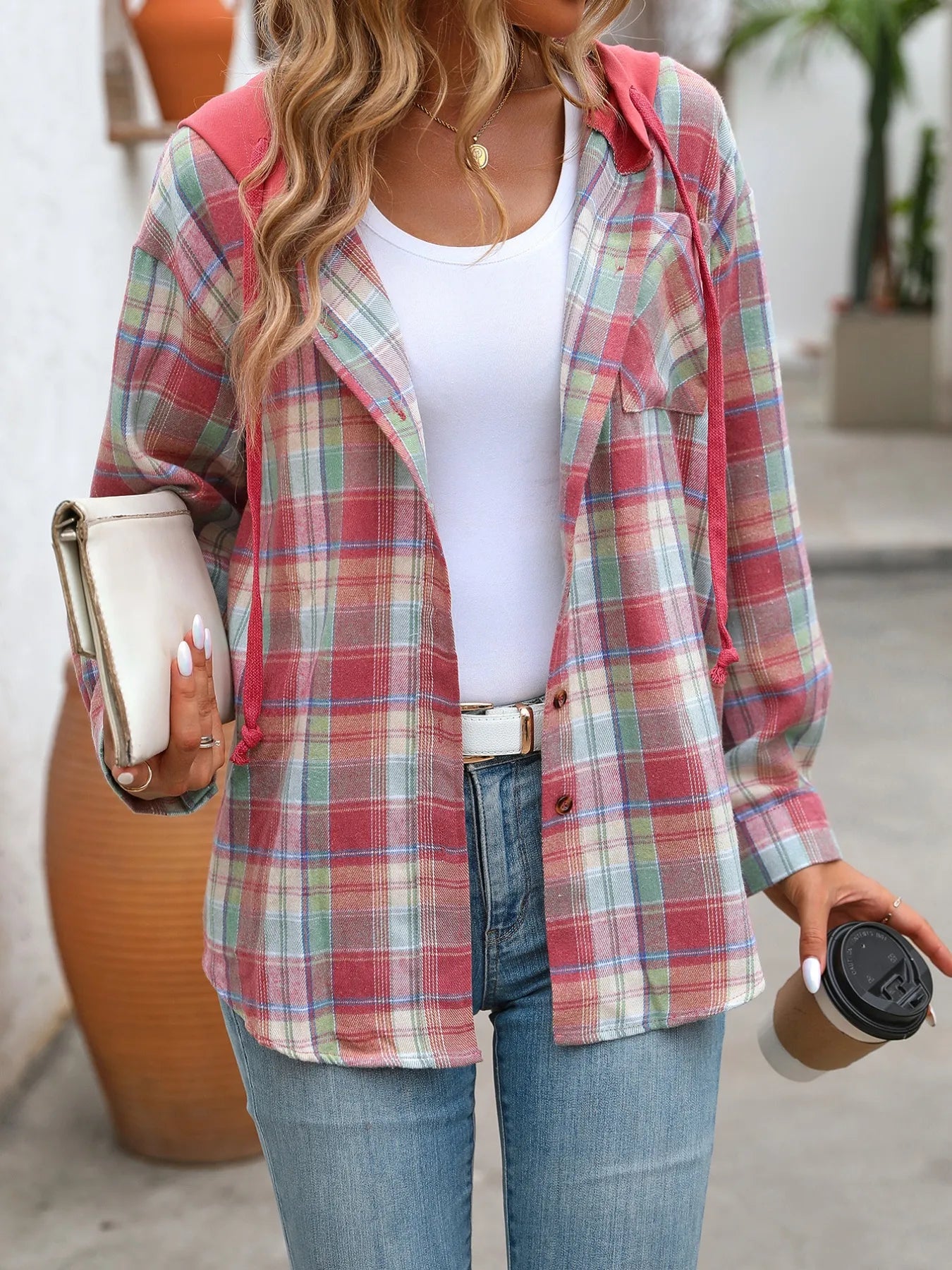 Trendsi Plaid Button-Up Hooded Shirt