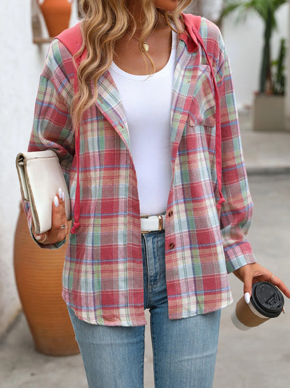 Trendsi Plaid Button-Up Hooded Shirt