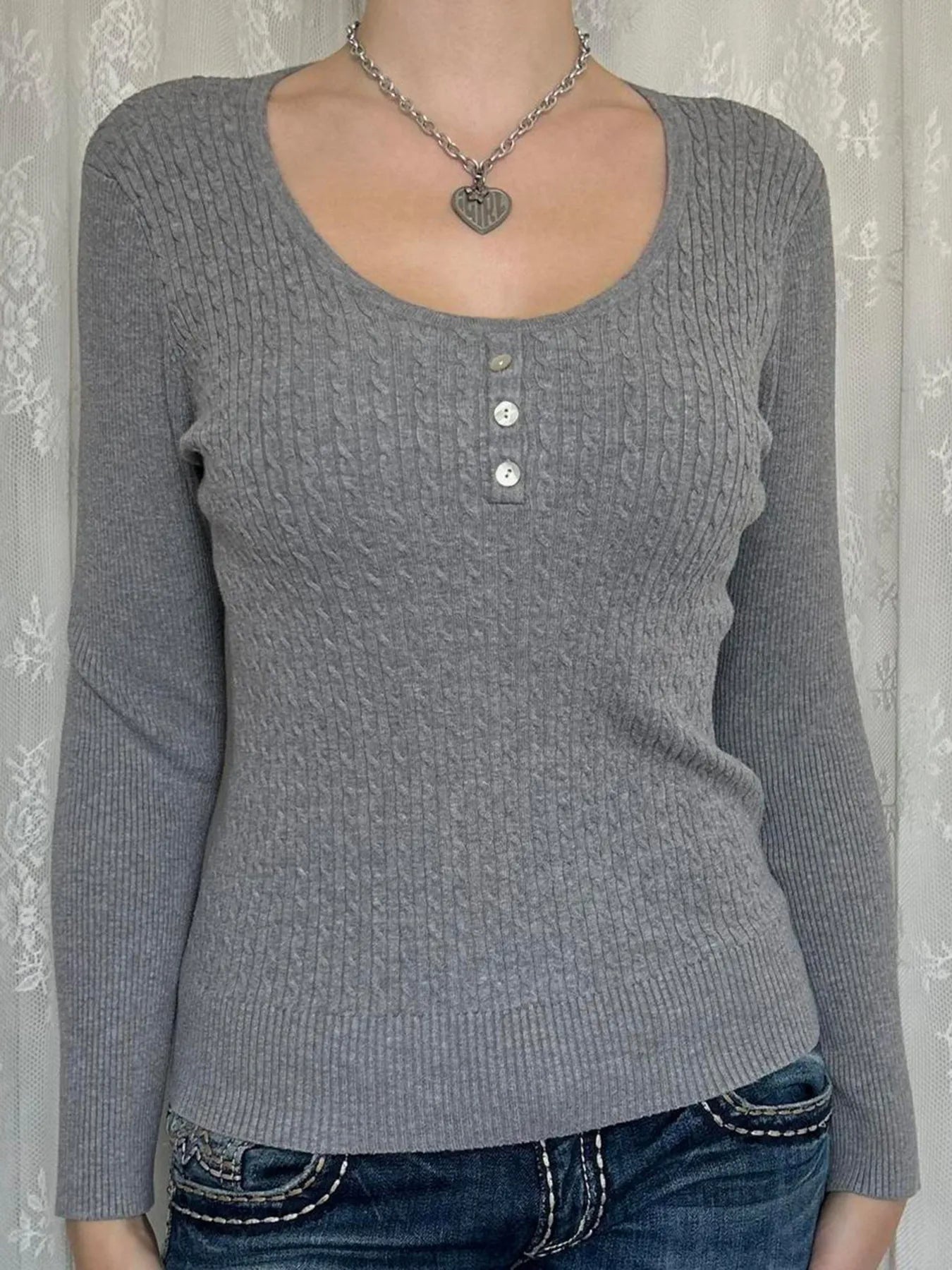 Trendsi Button Detail Long Sleeve Cable Knit Top Gray