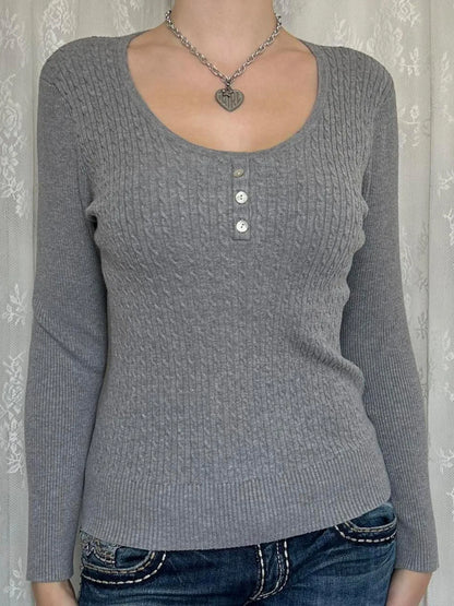 Trendsi Button Detail Long Sleeve Cable Knit Top Gray