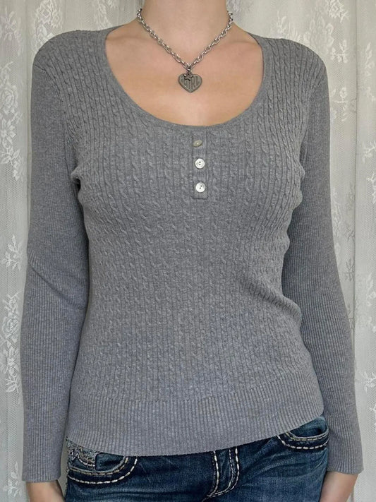 Trendsi Button Detail Long Sleeve Cable Knit Top Gray