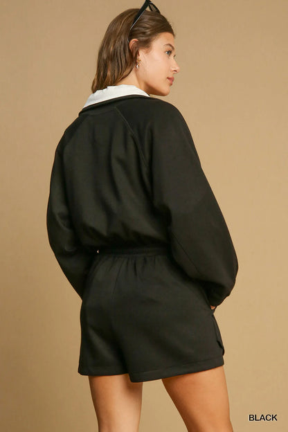 Umgee Half Zip Romper with Drawstring Waist Easy Apparels