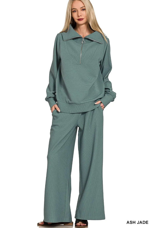 Zenana Ribbed High Neck Half Zip Pullover & Pants Set ASH JADE Easy Apparels