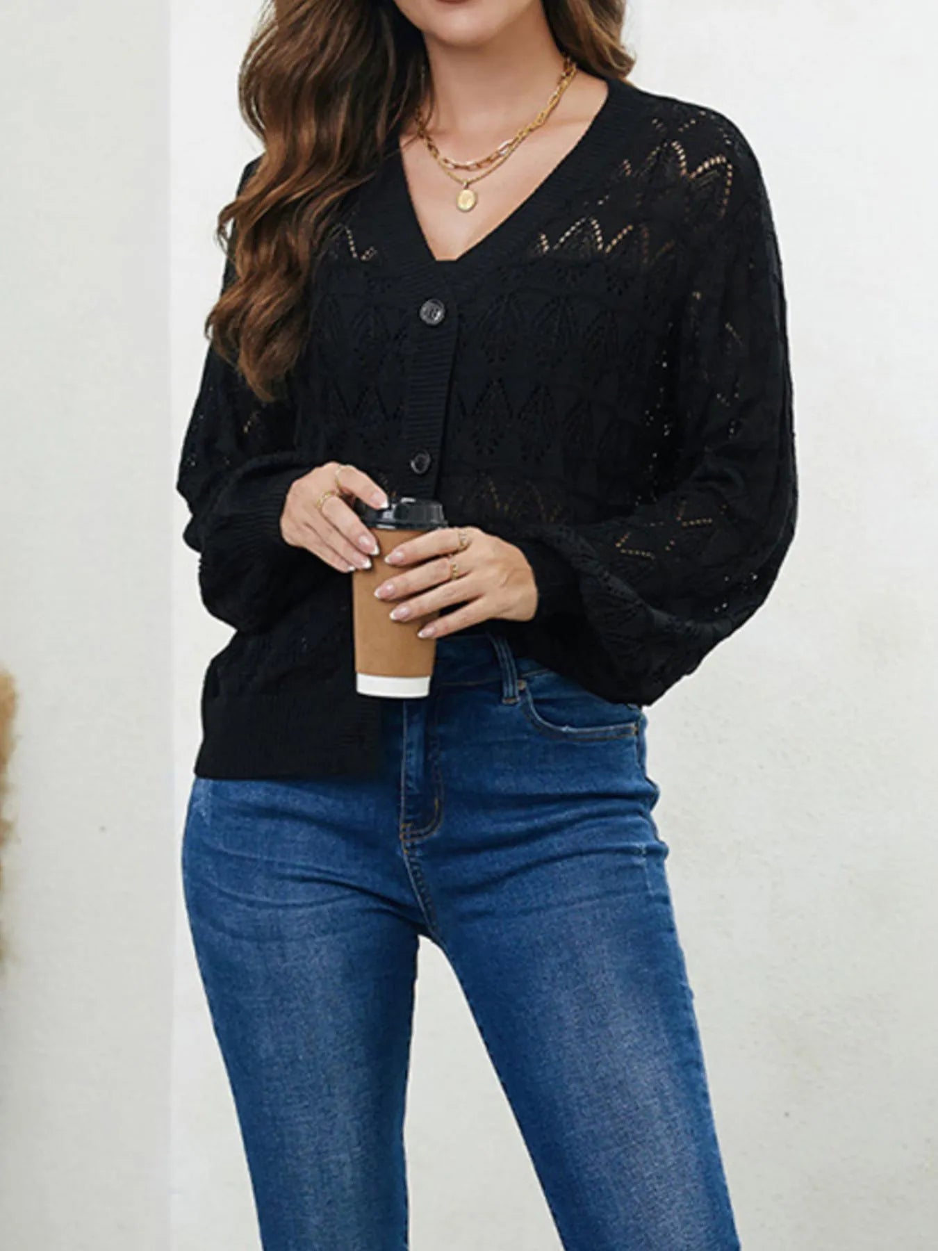 Openwork Button Up Cardigan Black Easy Apparels