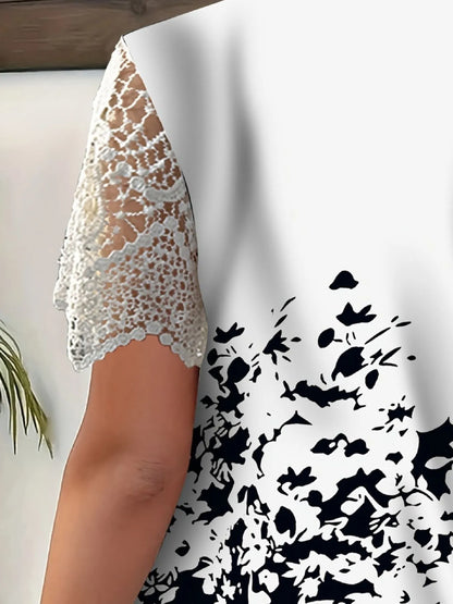 Trendsi Full Size Printed Lace Sleeve V-Neck T-Shirt Plus Size