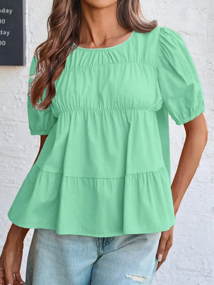 Trendsi Tiered Round Neck Puff Sleeve Ruched Blouse Green