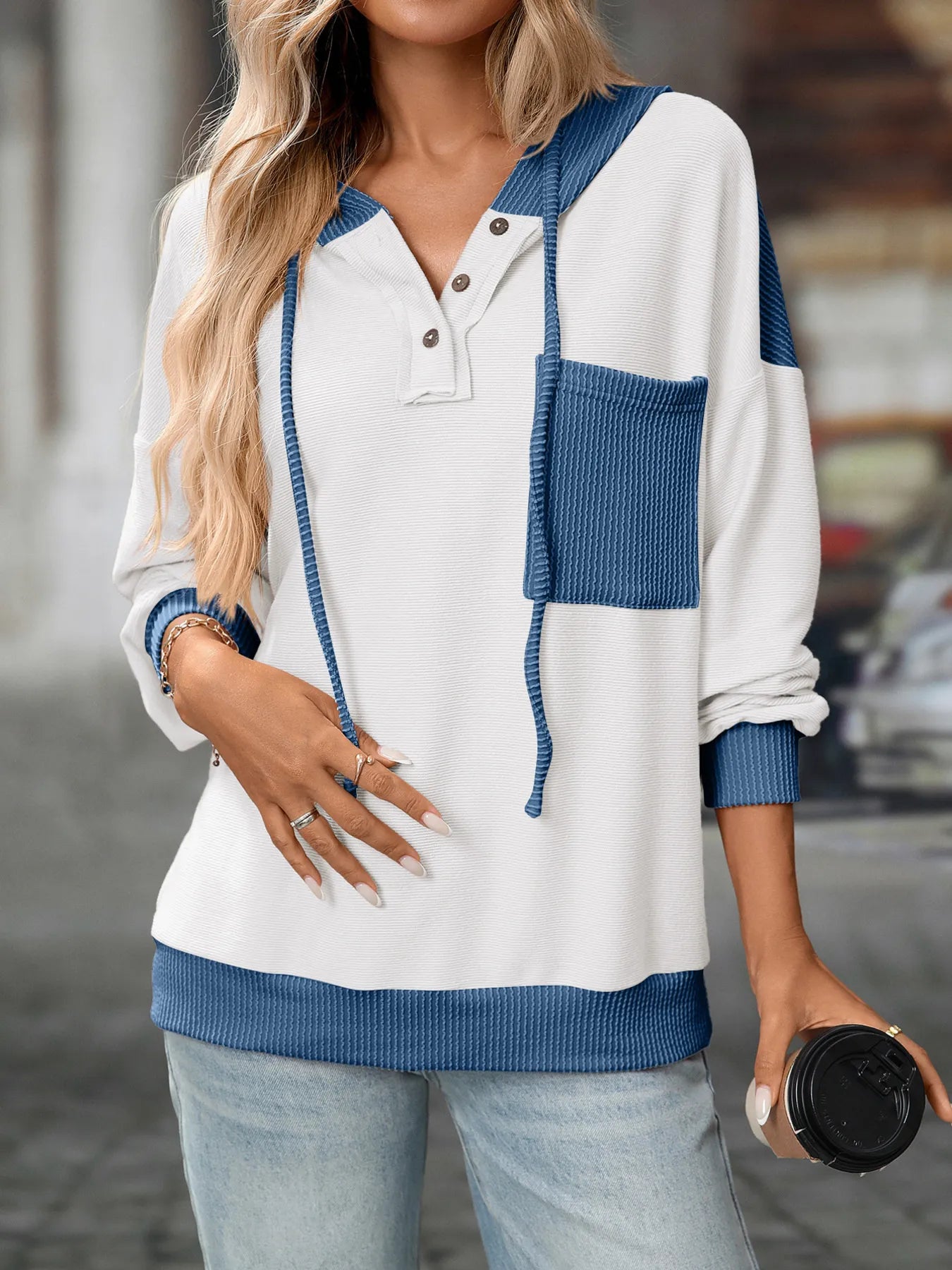 Trendsi Drawstring Button Detail Long Sleeve Hoodie