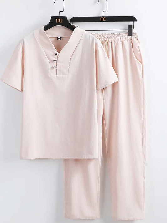 Men's Plus Size V-Neck Short Sleeve Top and Pants Set Apricot Easy Apparels