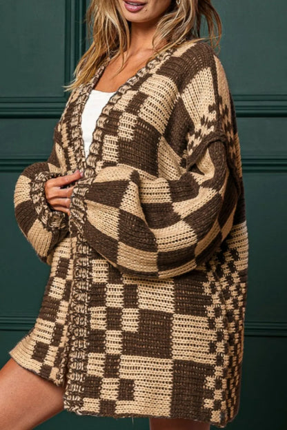 Checkered Open Front Long Sleeve Cardigan Easy Apparels