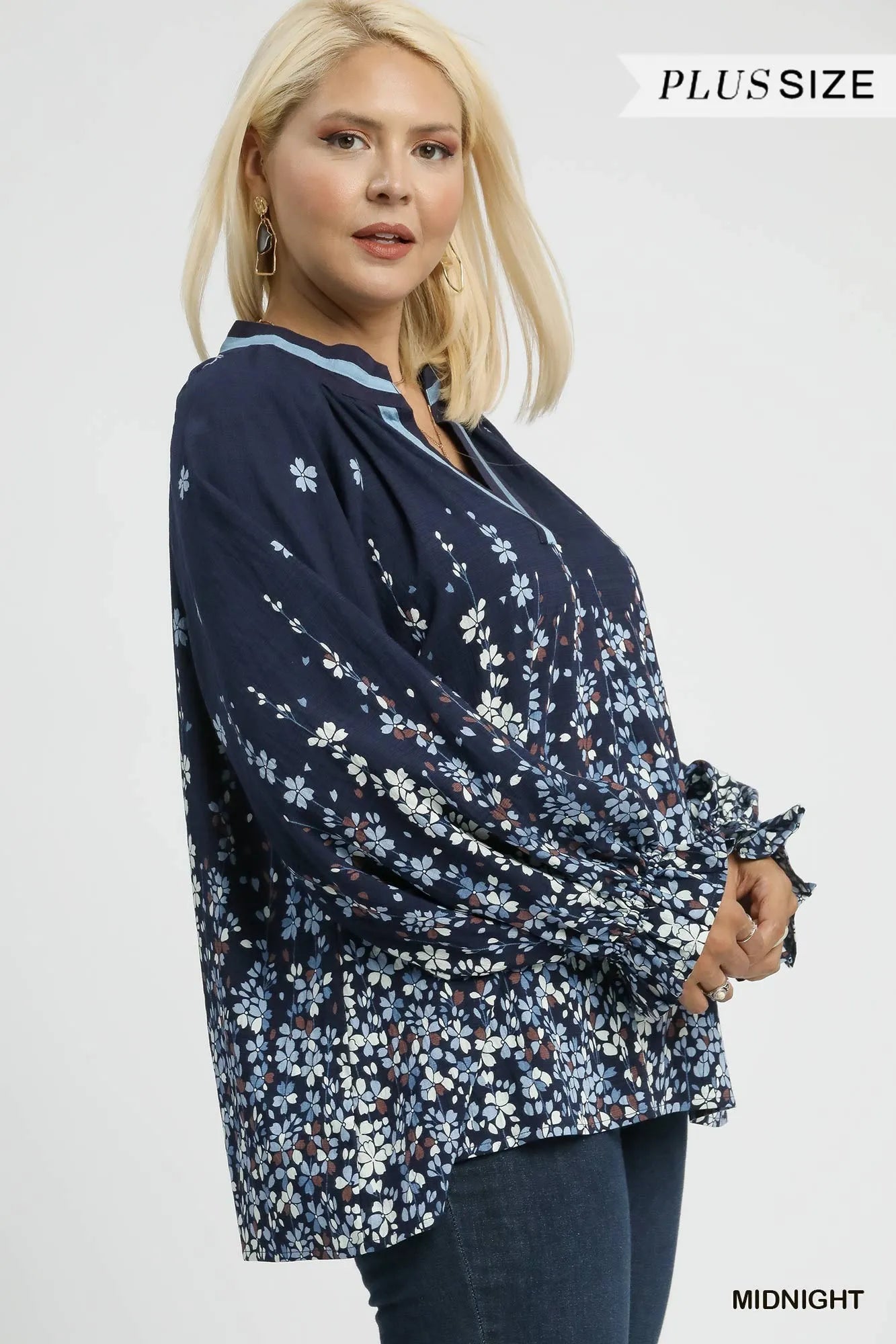 Trendsi Umgee Full Size Floral Vine Print Blouse with Balloon Sleeves Plus Size