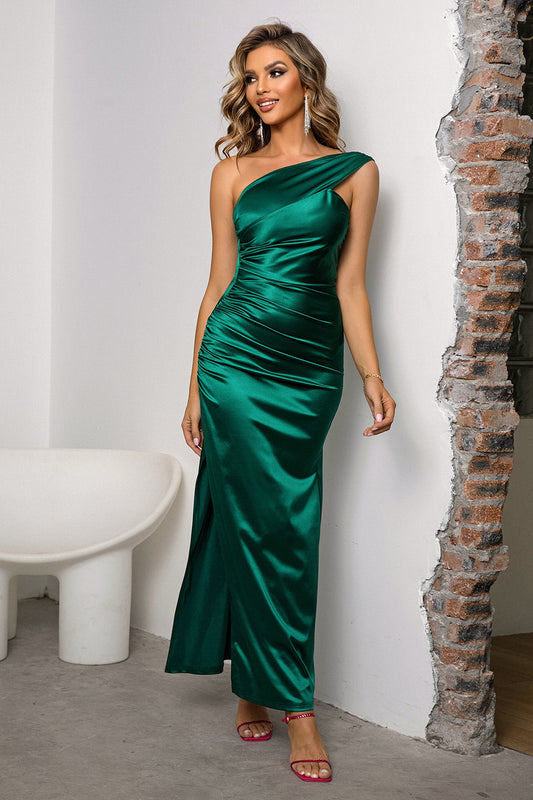 One-Shoulder Ruched Slit Maxi Dress Green Easy Apparels
