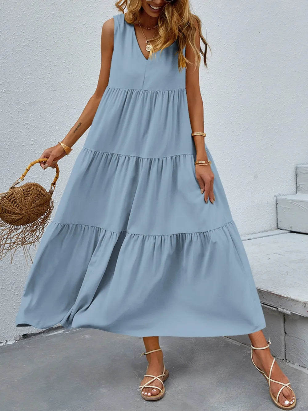 FAM-FAM Tiered V-Neck Sleeveless Dress Light Blue Easy Apparels