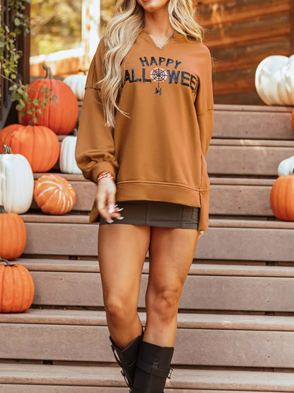 Happy Halloween Graphic Notched Long Sleeve Loose Top Easy Apparels