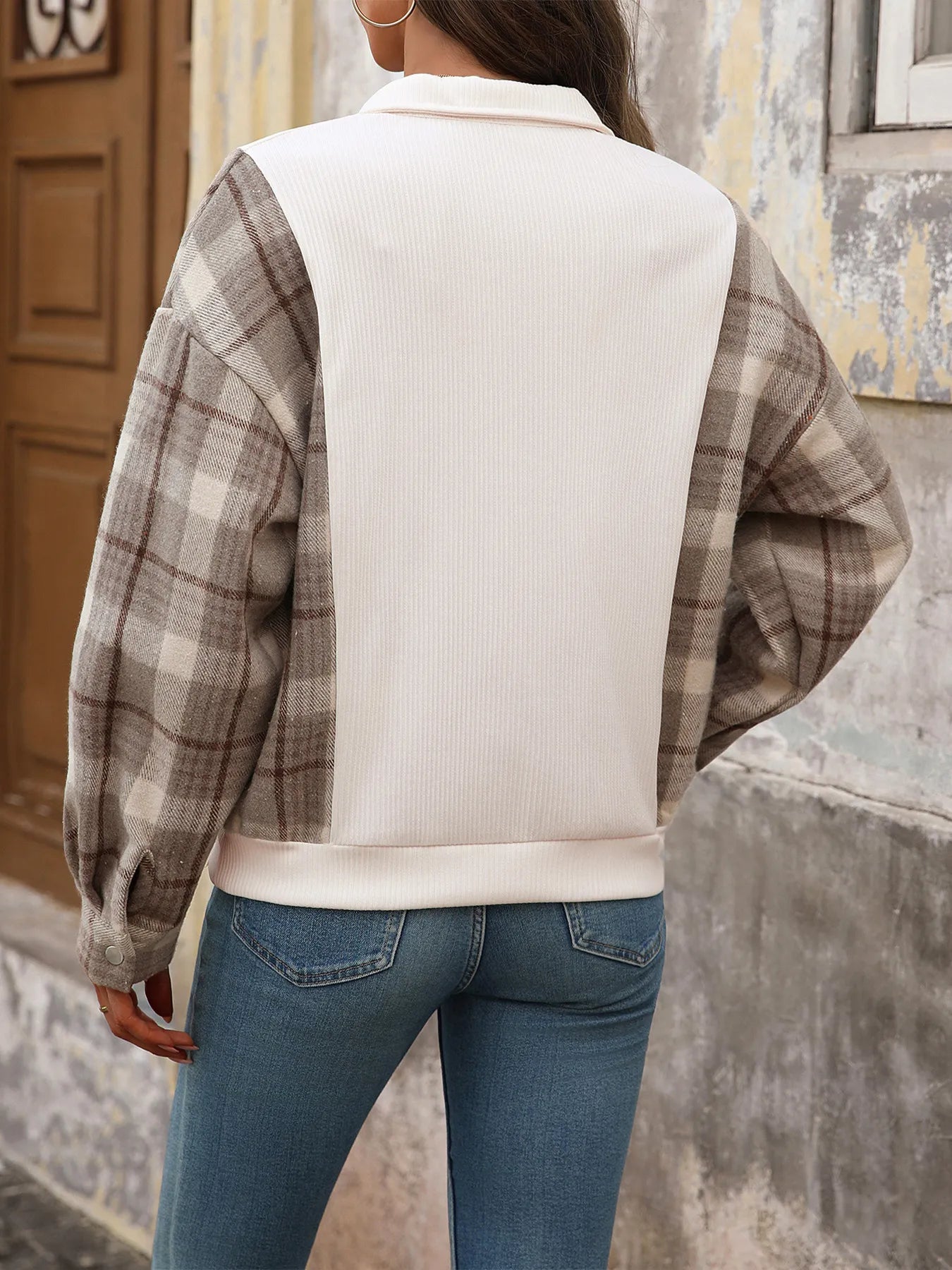 Trendsi Snap Down Plaid Long Sleeve Sweatshirt