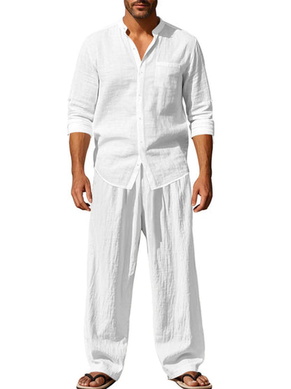 Men's Full Size Button Up Shirt and Pants Set Plus Size White Easy Apparels
