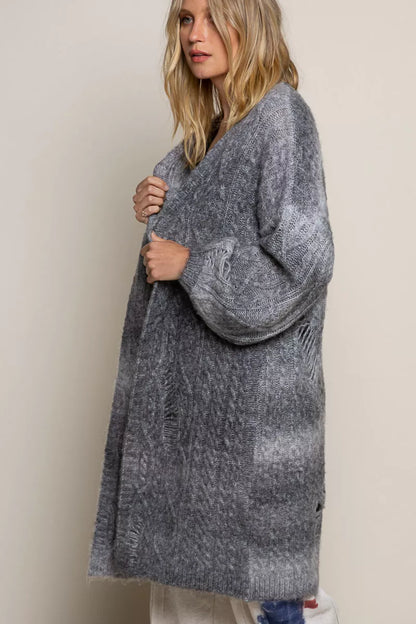 POL Distressed Cable-Knit Ombre Dying Cardigan Easy Apparels