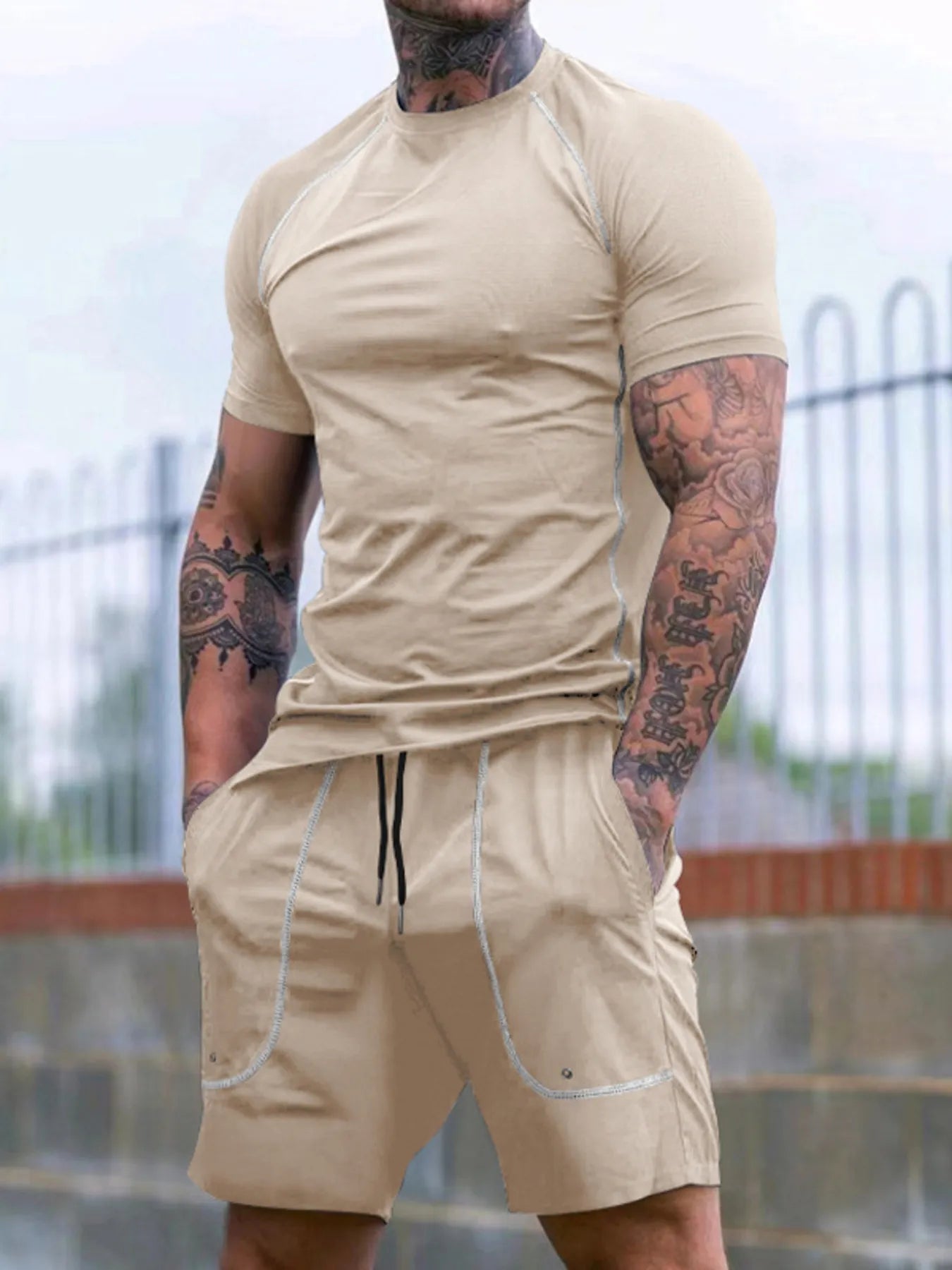 Men's Full Size Round Neck Short Sleeve T-Shirt and Shorts Set Plus Size Apricot Easy Apparels