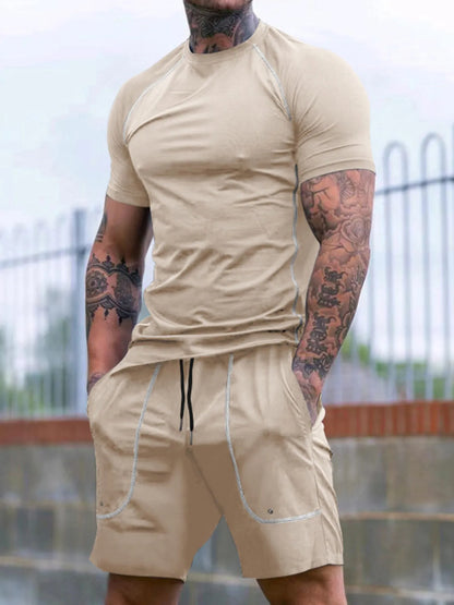 Men's Full Size Round Neck Short Sleeve T-Shirt and Shorts Set Plus Size Apricot Easy Apparels