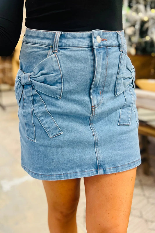 Acid Wash Bowknot Details High Waist Denim Skirt Medium Easy Apparels