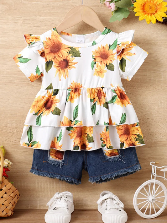 Children's Sunflower Ruffled Short Sleeve Top and Shorts Set Floral Easy Apparels