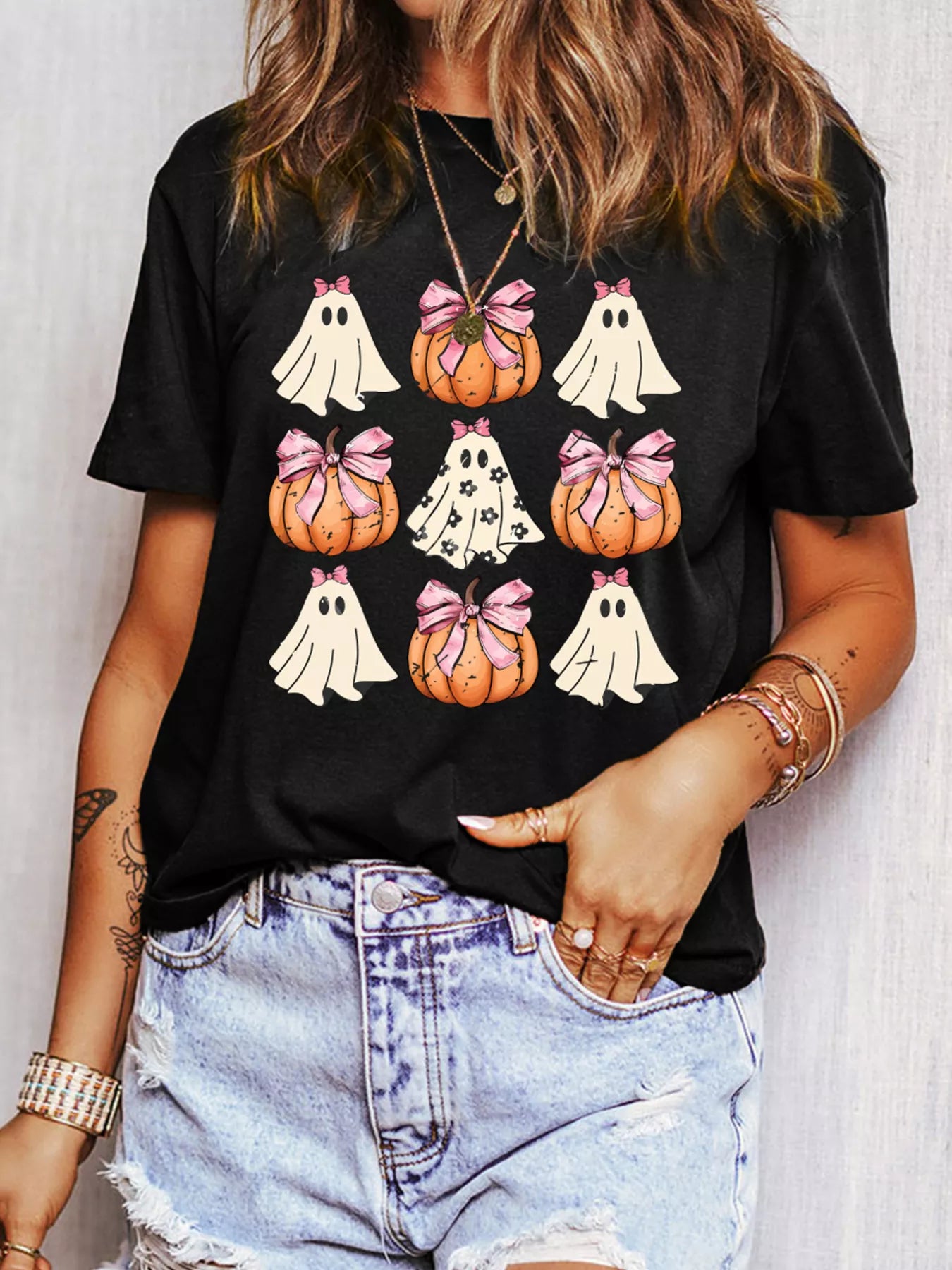 Halloween Bowknot Ghost Pumpkin Graphic T Shirt Black Easy Apparels