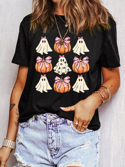 Halloween Bowknot Ghost Pumpkin Graphic T Shirt Black Easy Apparels