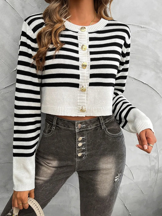 Devine Striped Round Neck Button Down Cardigan Black White Easy Apparels