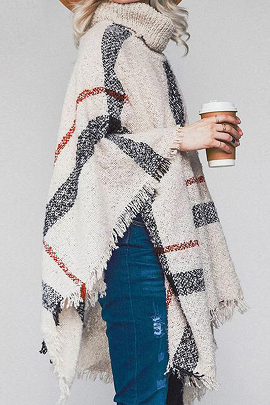 Plaid Turtleneck Raw Hem Poncho Easy Apparels