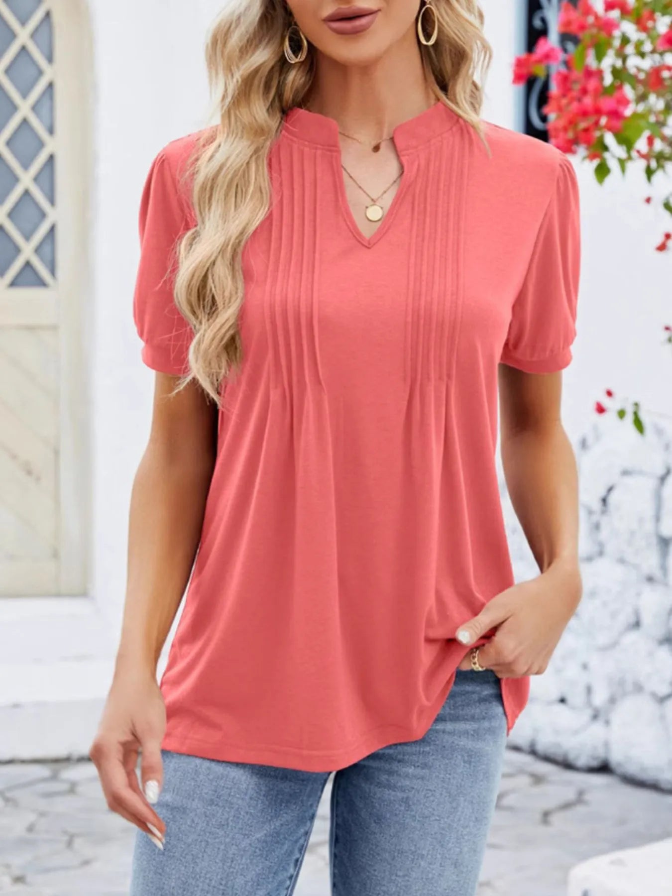 Trendsi Notched Short Sleeve T-Shirt Orange Red