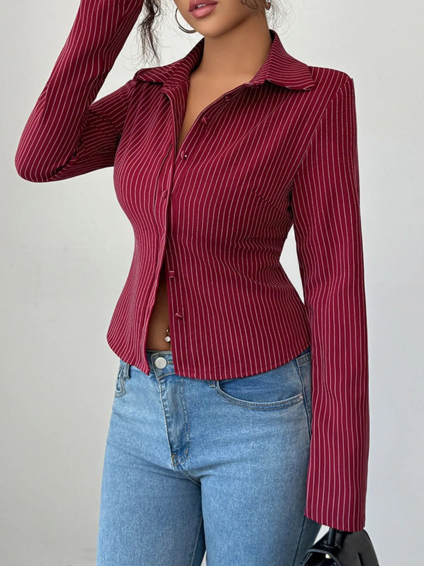Trendsi Striped Button-Up Fitted Shirt