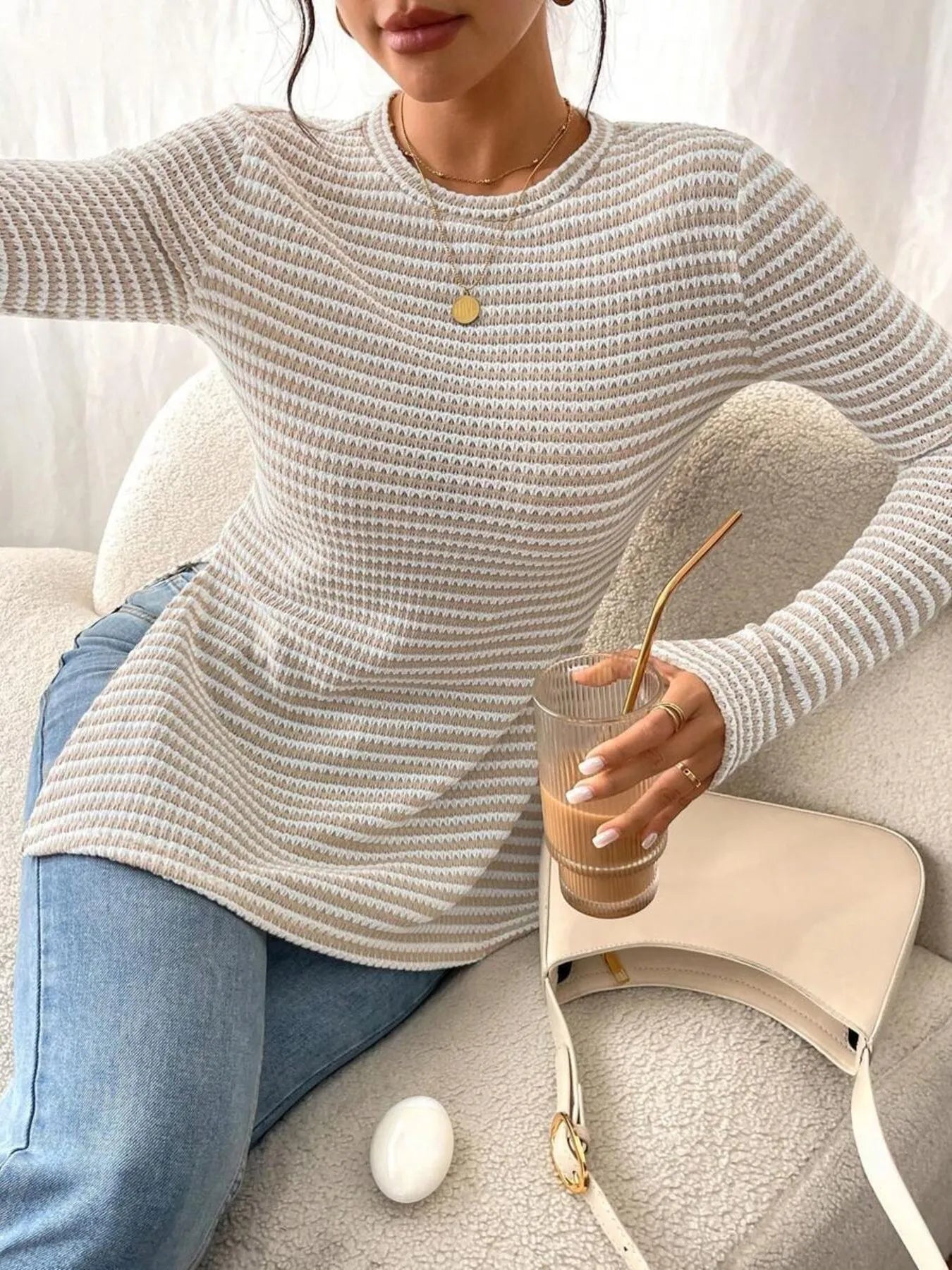 Trendsi Side Slit Striped Long Sleeve T-Shirt