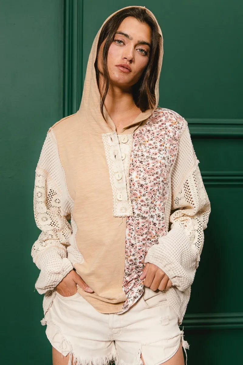 Trendsi BiBi Slub Jersey with Lace Combo Buttoned Hoodie Top TAUPE