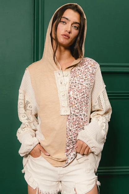 Trendsi BiBi Slub Jersey with Lace Combo Buttoned Hoodie Top TAUPE