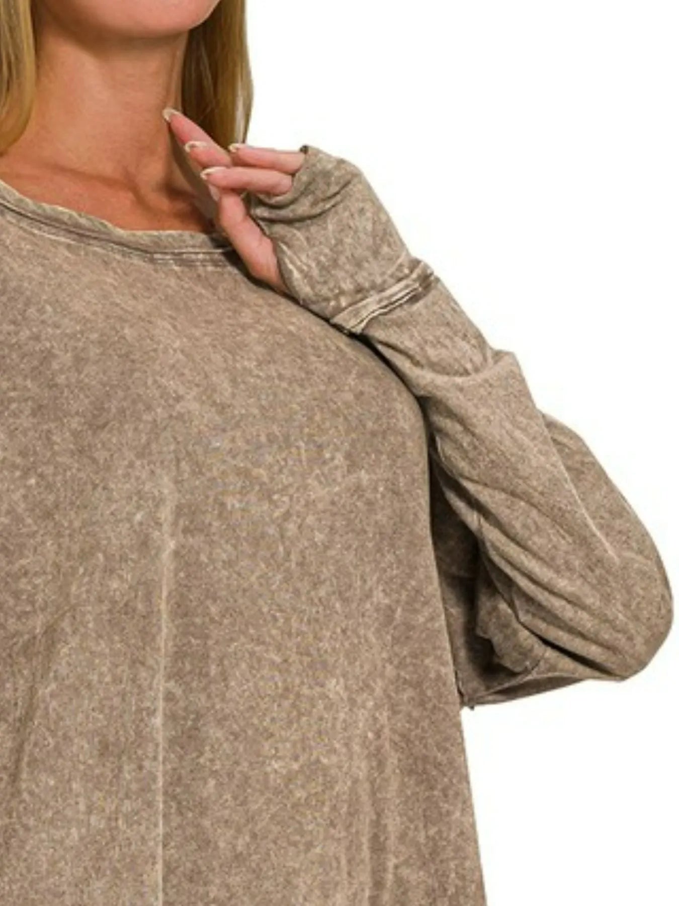 Trendsi Zenana Crinkle Washed Thumb Hole Cuffs Long Sleeve Top