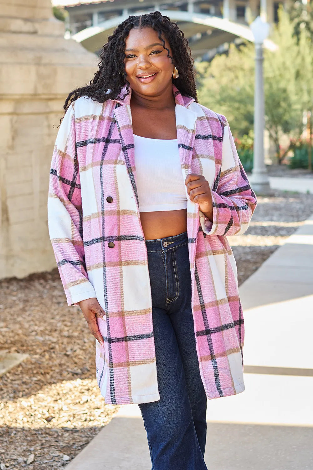 Double Take Full Size Plaid Button Up Lapel Collar Coat Easy Apparels