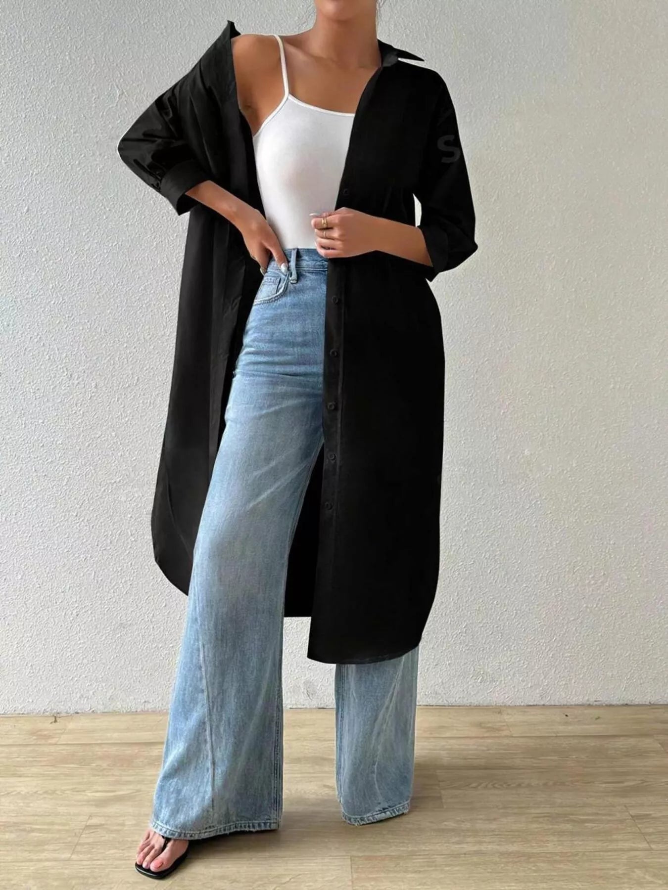 Trendsi Button-Up Long Sleeve Longline Shirt