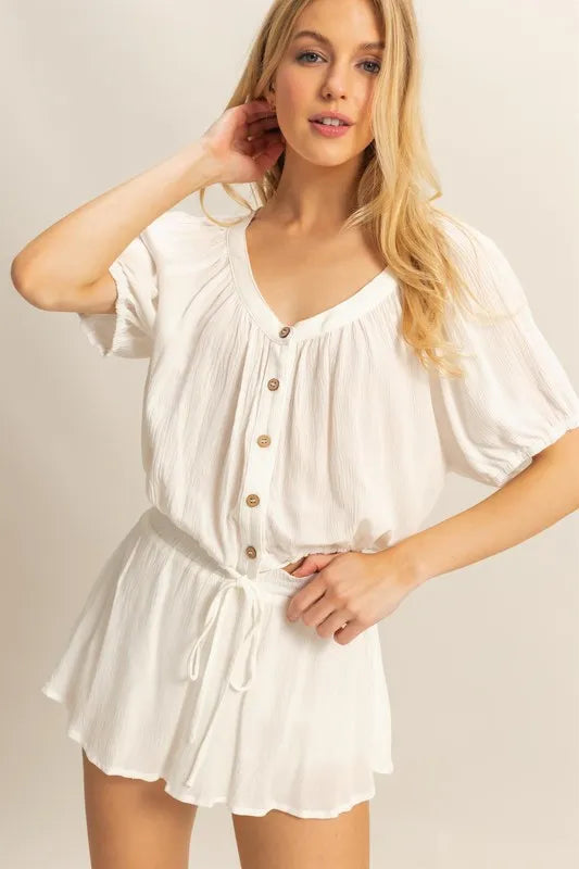 HYFVE Drawstring Hem Short Sleeve Top and Skort Set Off White Easy Apparels