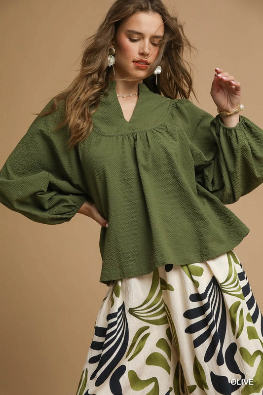Trendsi Umgee Textured Notched Blouse with Balloon Sleeves OLIVE