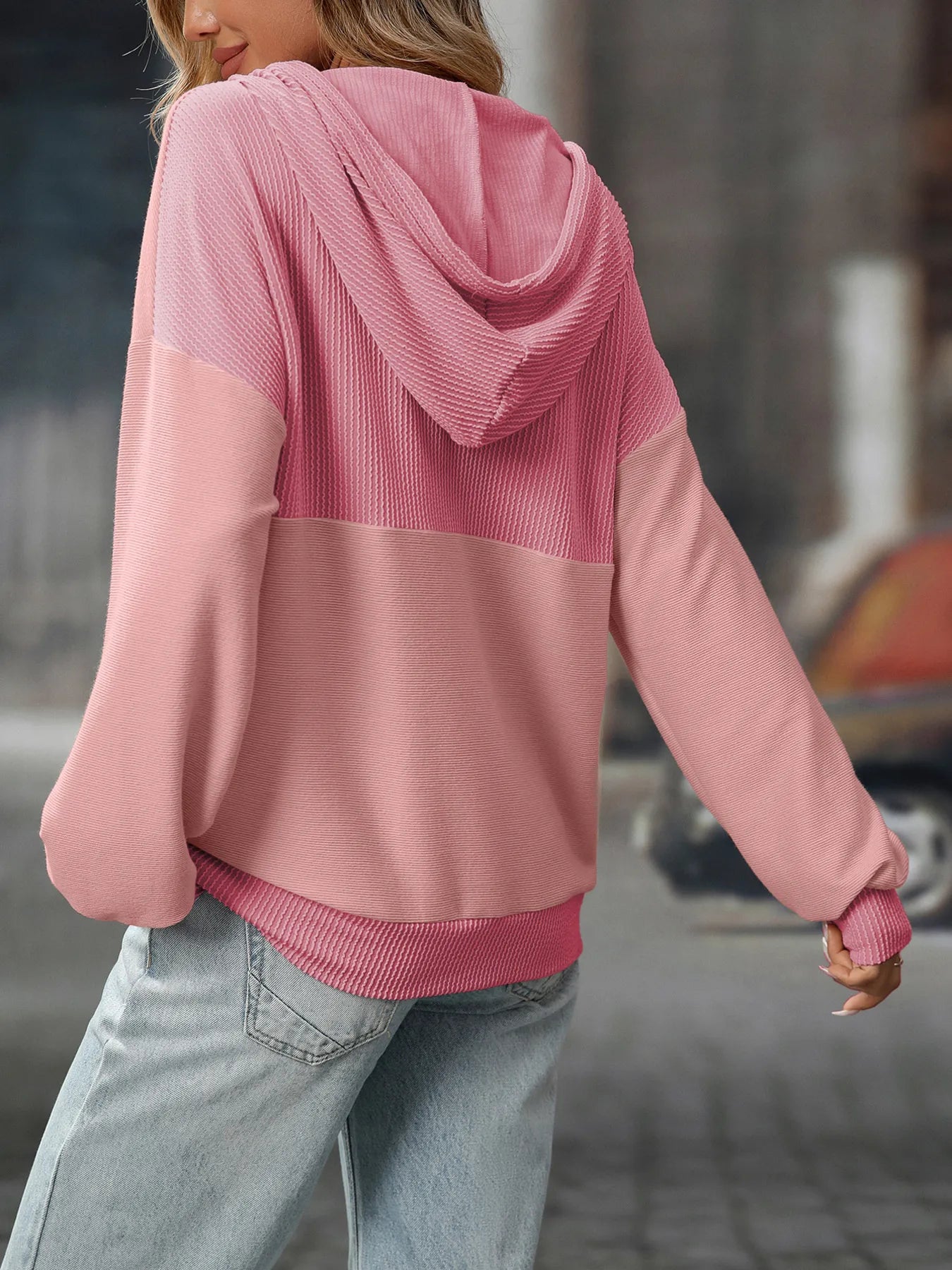Trendsi Drawstring Button Detail Long Sleeve Hoodie