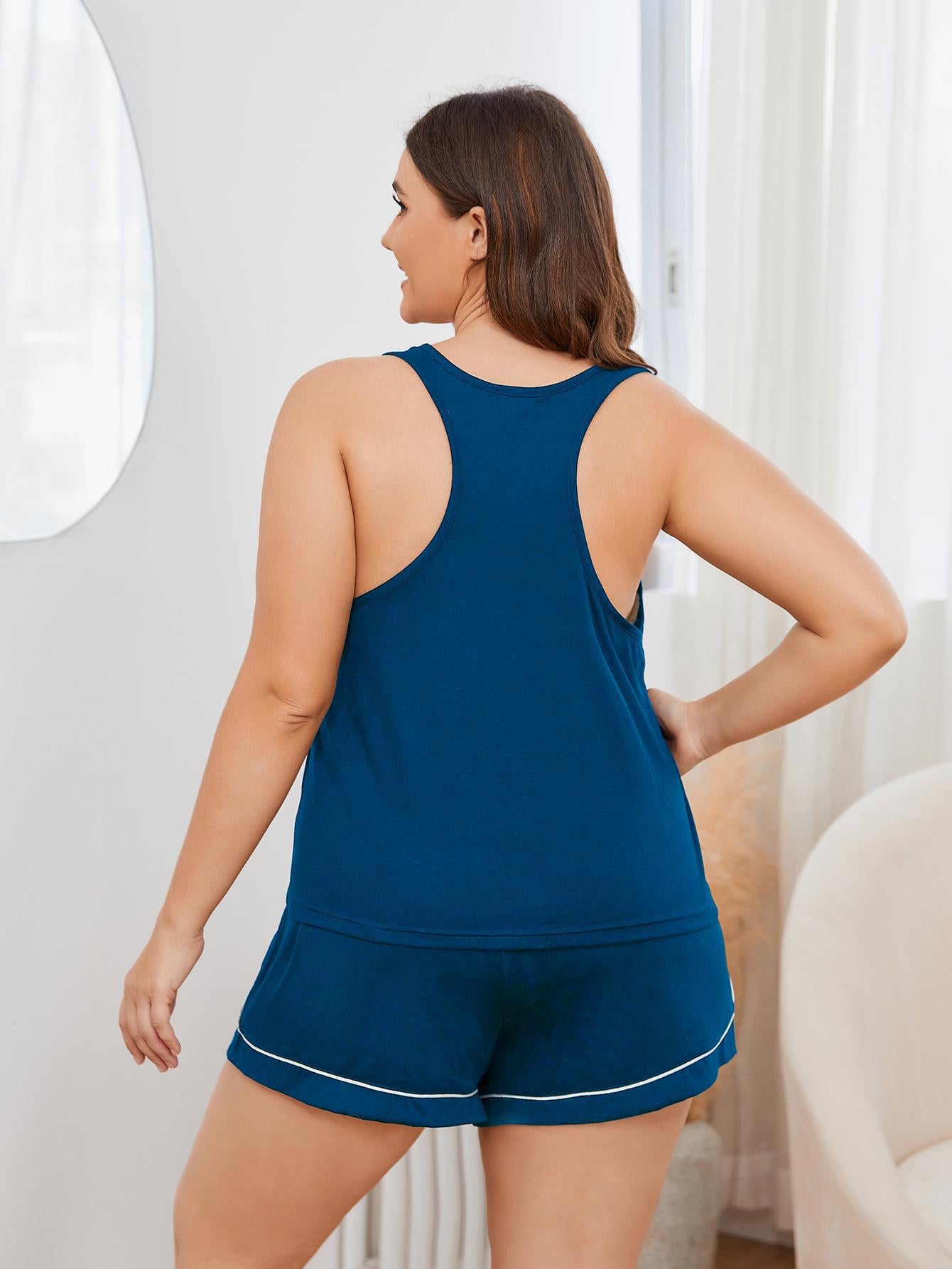 Plus Size Contrast Piping Racerback Tank and Shorts Lounge Set Easy Apparels