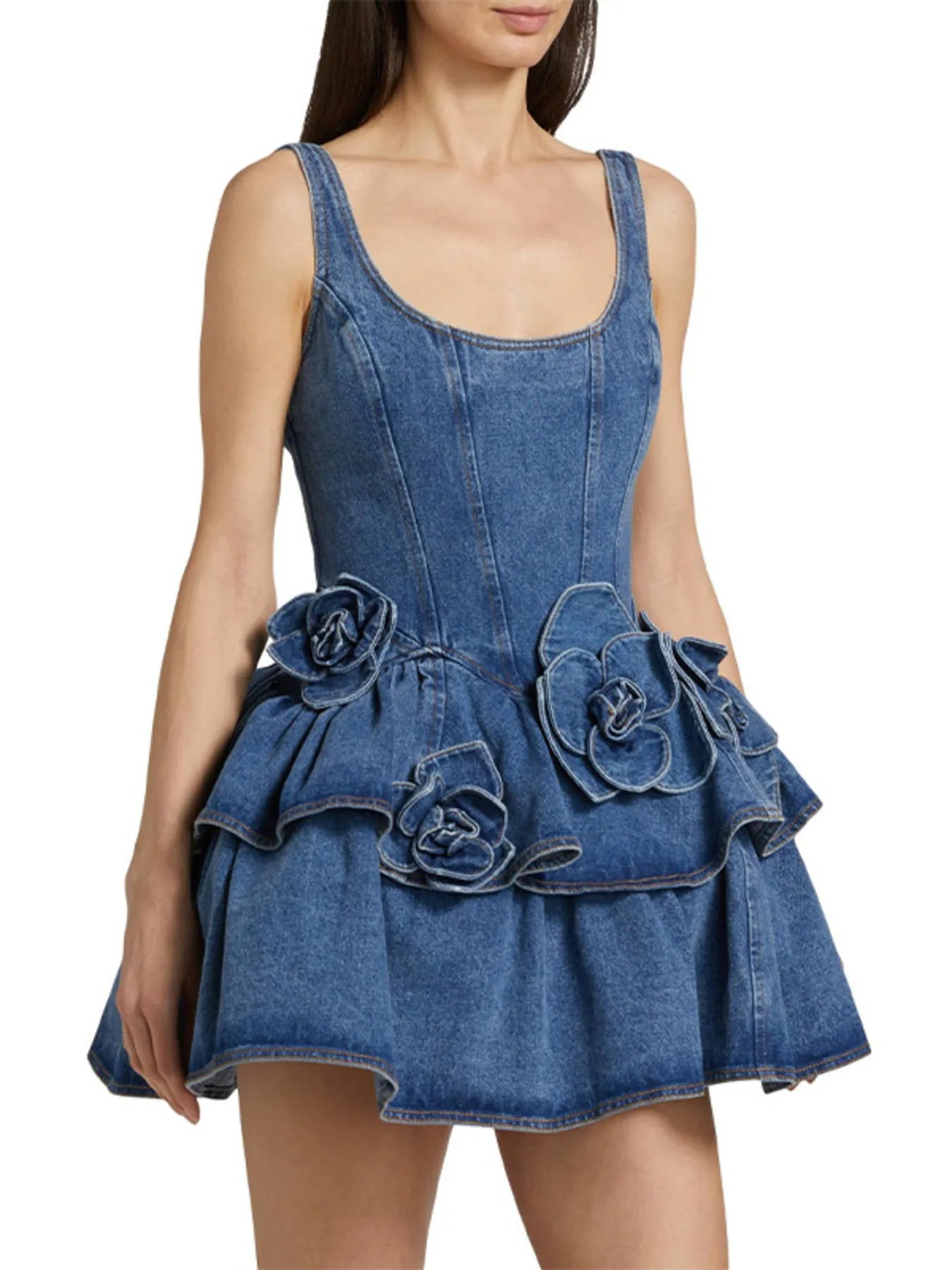 Ruffled Layered Scoop Neck Denim Dress Easy Apparels