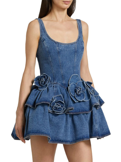 Ruffled Layered Scoop Neck Denim Dress Easy Apparels