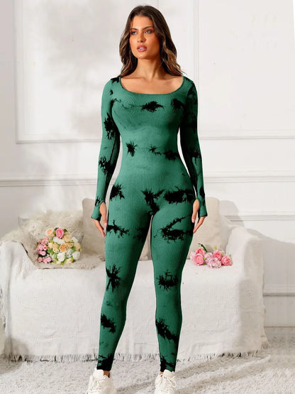 Scoop Neck Long Sleeve Active Jumpsuit Easy Apparels