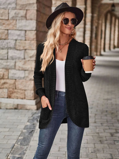 Ribbed Open Front Long Cardigan with Pockets Easy Apparels