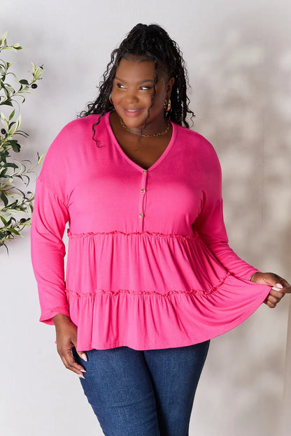 Trendsi Double Take Half Button Long Sleeve Ruffle Hem Blouse Hot Pink