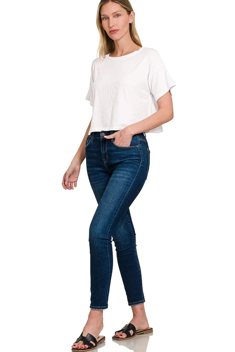 Trendsi Zenana Ribbed Round-Neck Crop T-Shirt