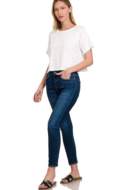 Trendsi Zenana Ribbed Round-Neck Crop T-Shirt