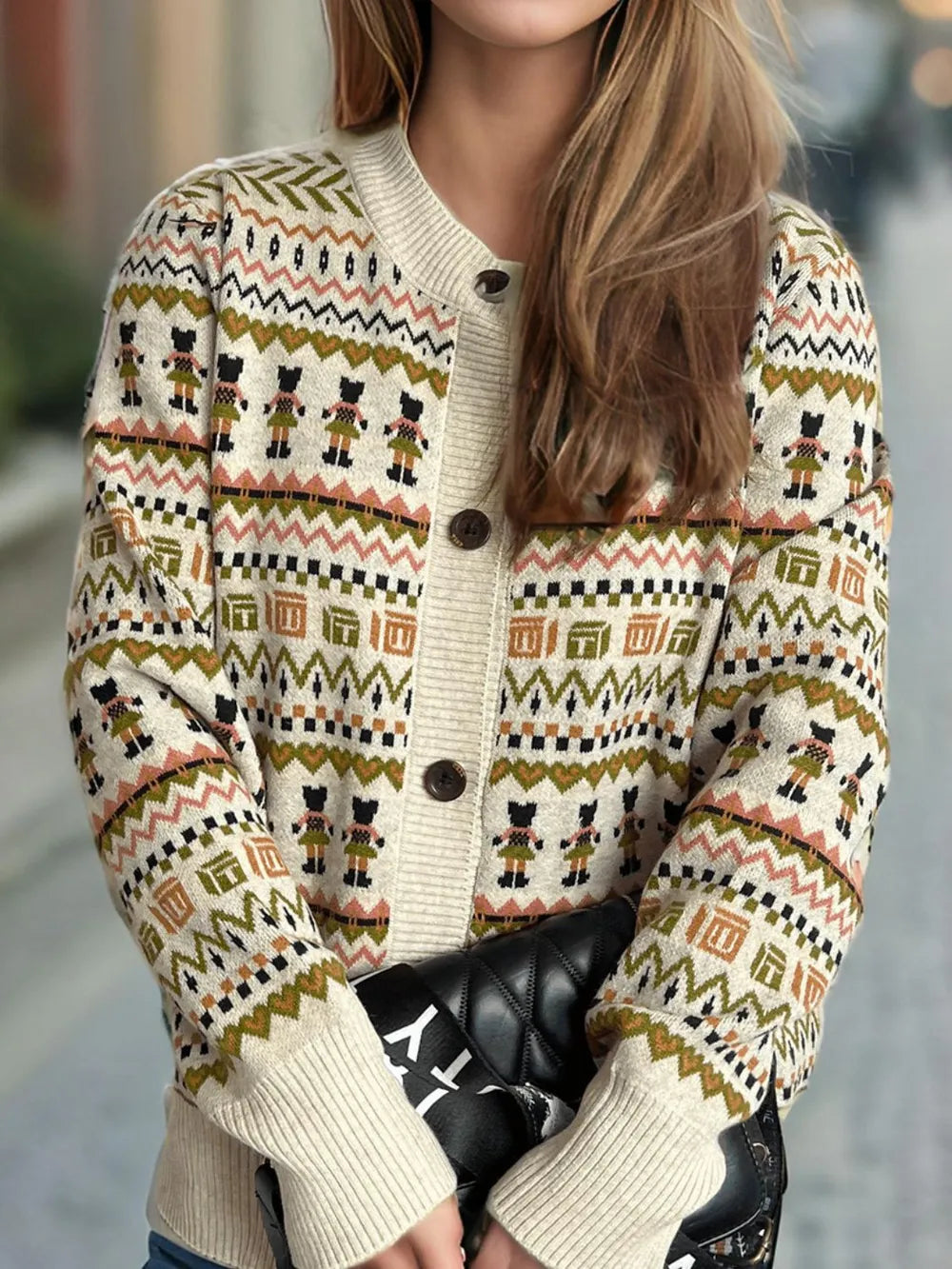 Graphic Button Down Long Sleeve Cardigan Beige One Size Easy Apparels