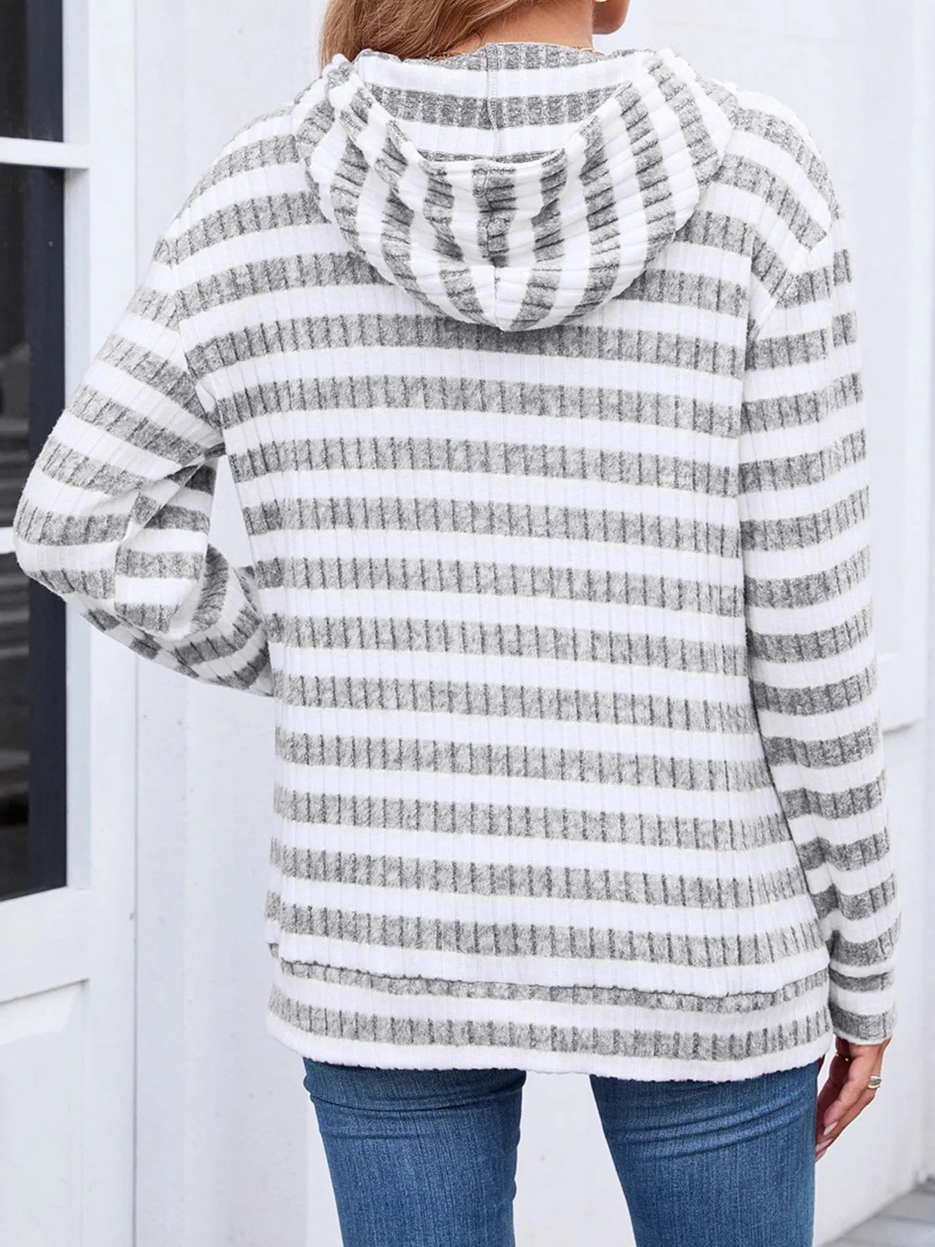 Trendsi Striped Ribbed Knit Hoodie with Kangaroo Pocket